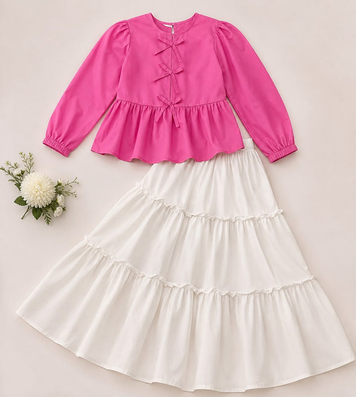 Most Trending Pink Bow Top 2-Piece Stitched Collection With White skirt❤️‍🩹